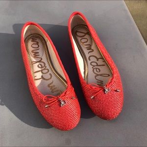 Orange/ red leather and woven ballet flats